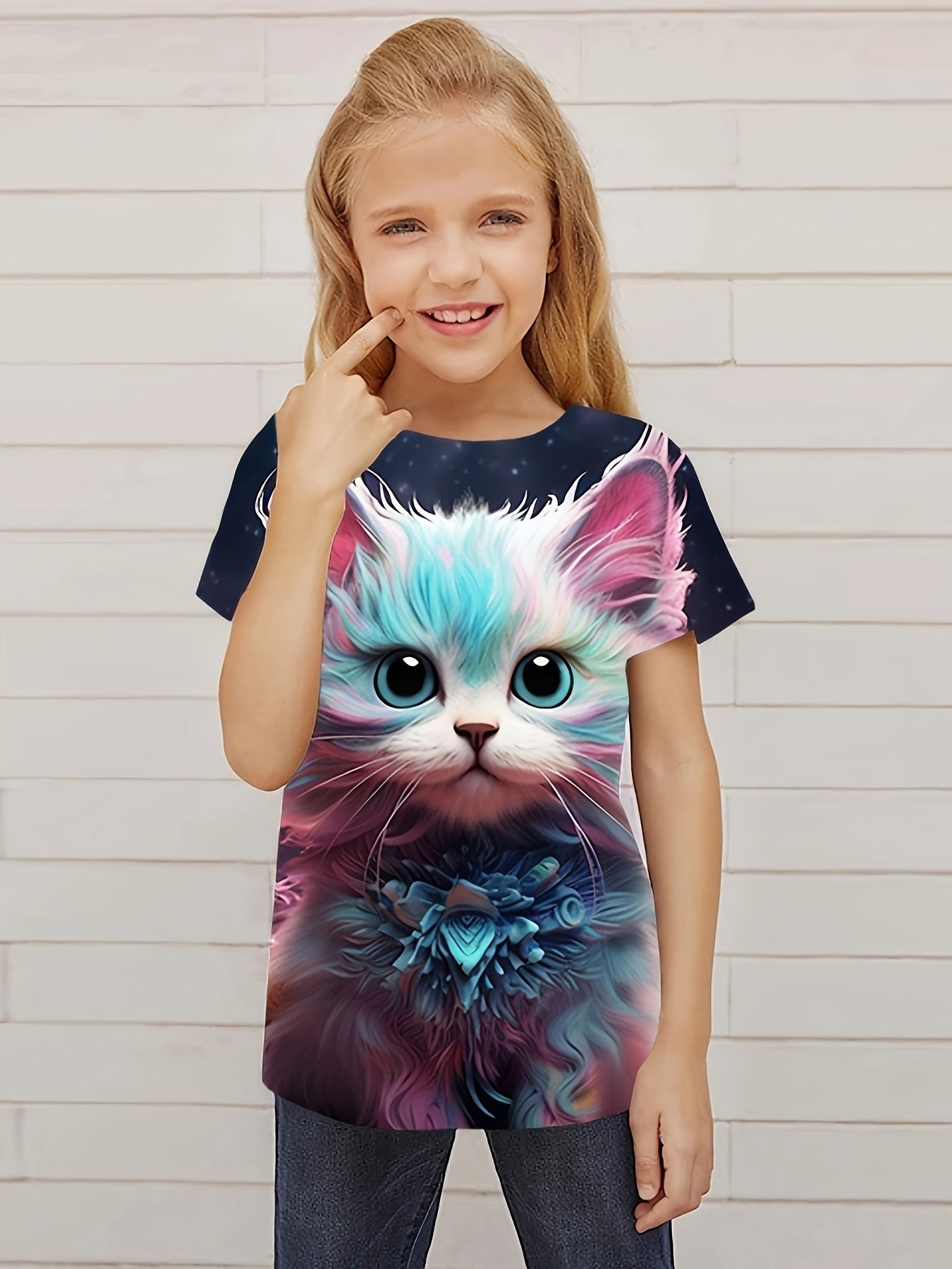 Girls Cat Graphic Short Sleeve T-shirt
