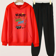 Skateboard Print Girls Hoodie Sweatshirt & Solid Sweatpants Set