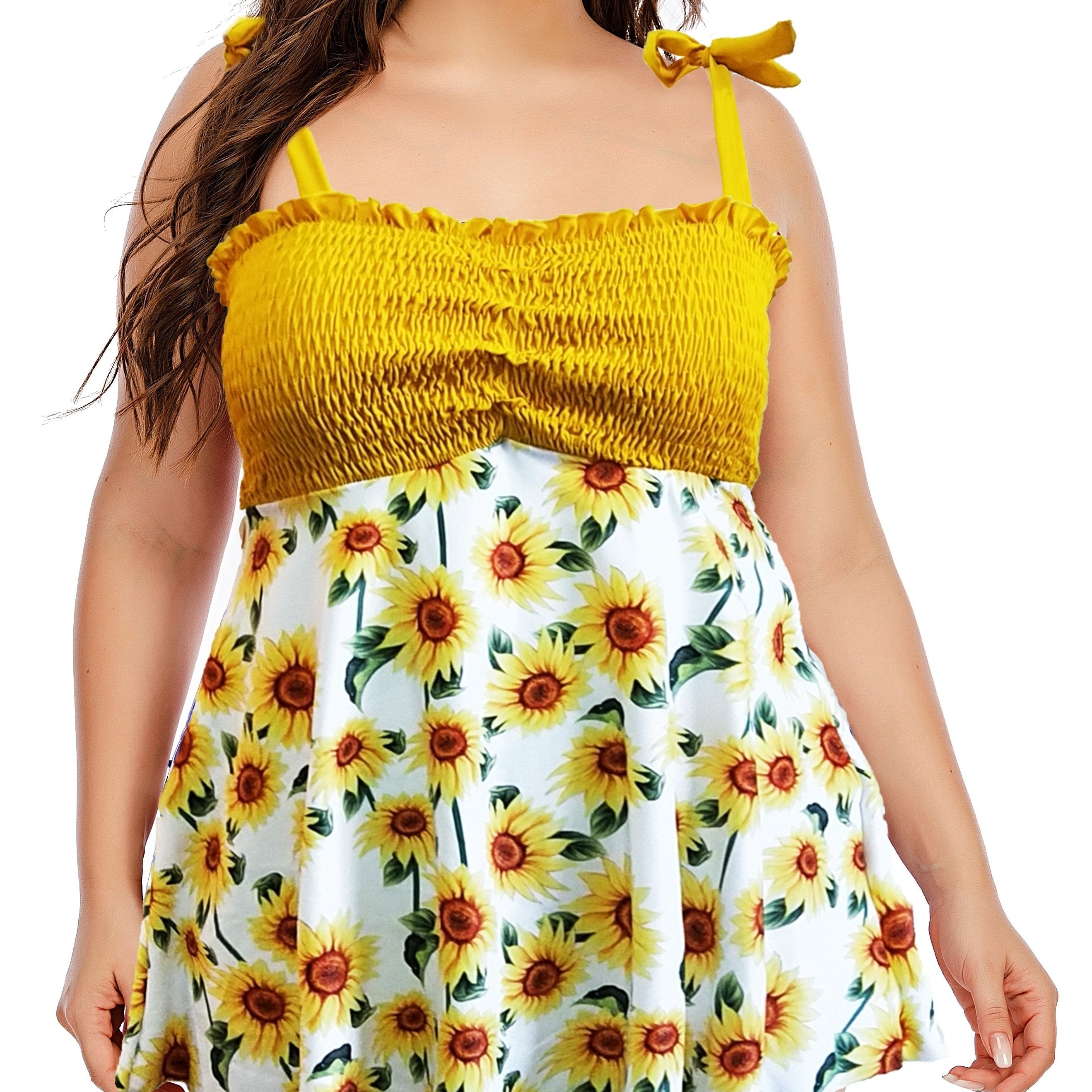 Colorblock Sunflower Bikini Set Ribbed Tank & Brief Swimsuit