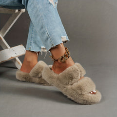 Women's Faux Fur Double Strap Slippers Warm Indoor Shoes