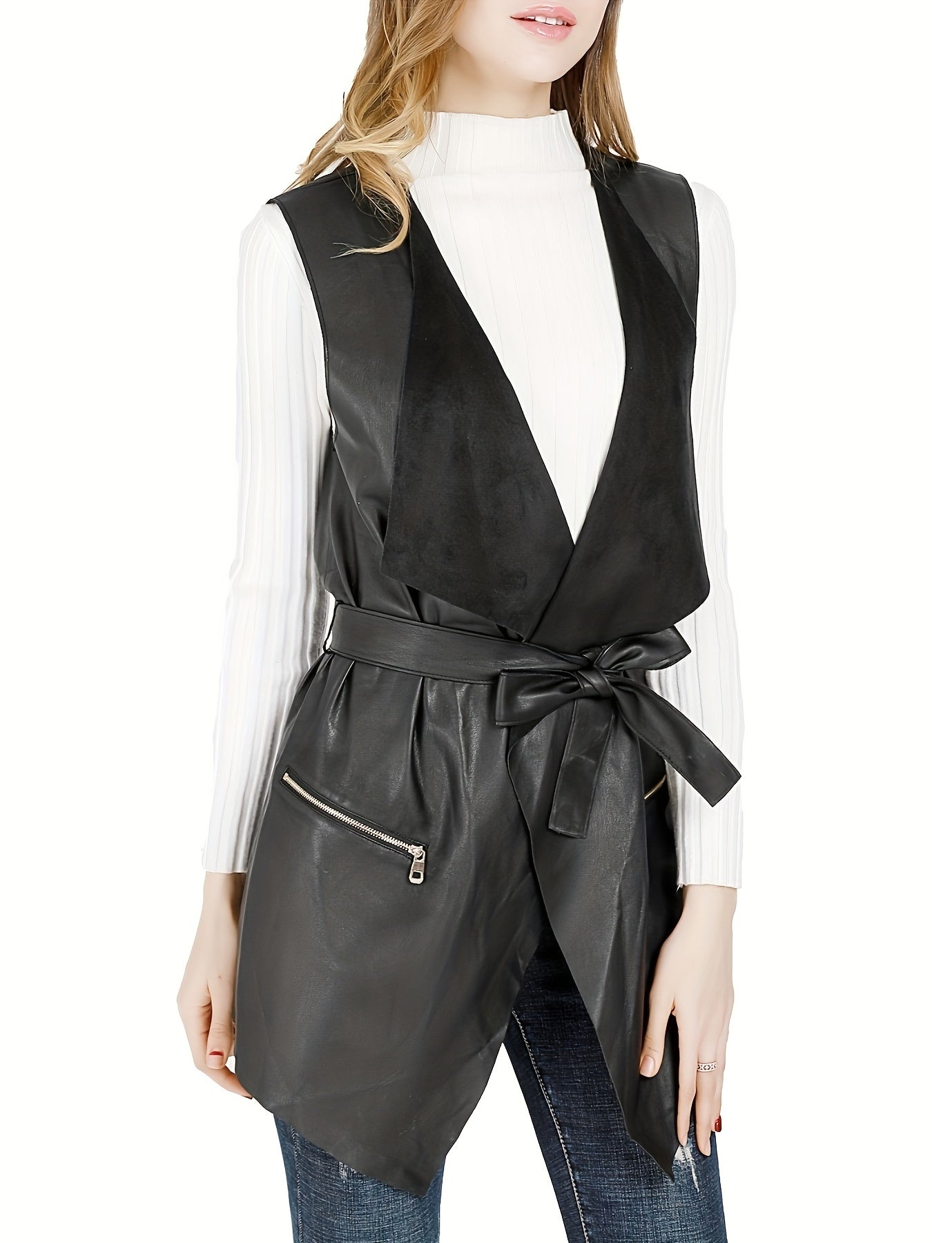 Faux Leather Sleeveless Vest Casual Solid Zipper Versatile Vest