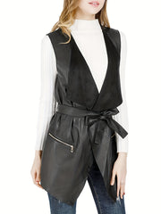 Faux Leather Sleeveless Vest Casual Solid Zipper Versatile Vest