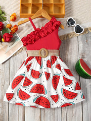 Toddler Girls Ruffle Trim Sunflower Dress Belted Princess Dress