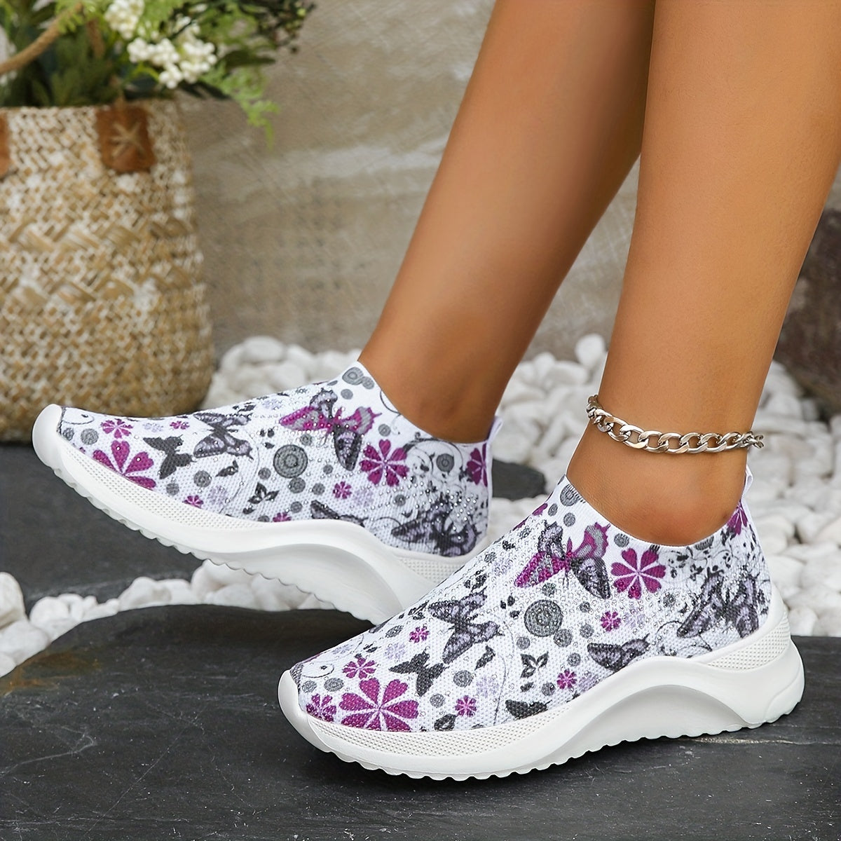 Women's Flower Pattern Slip-On Sneakers, Breathable Knit Low Top Shoes