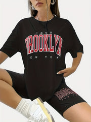 Letter Print Casual Set Crew Neck Tee & Workout Slim Short