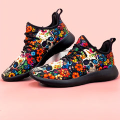 Women's Skull & Flowers Print Sneakers Lace Up Outdoor Shoes Lightweight Low Top