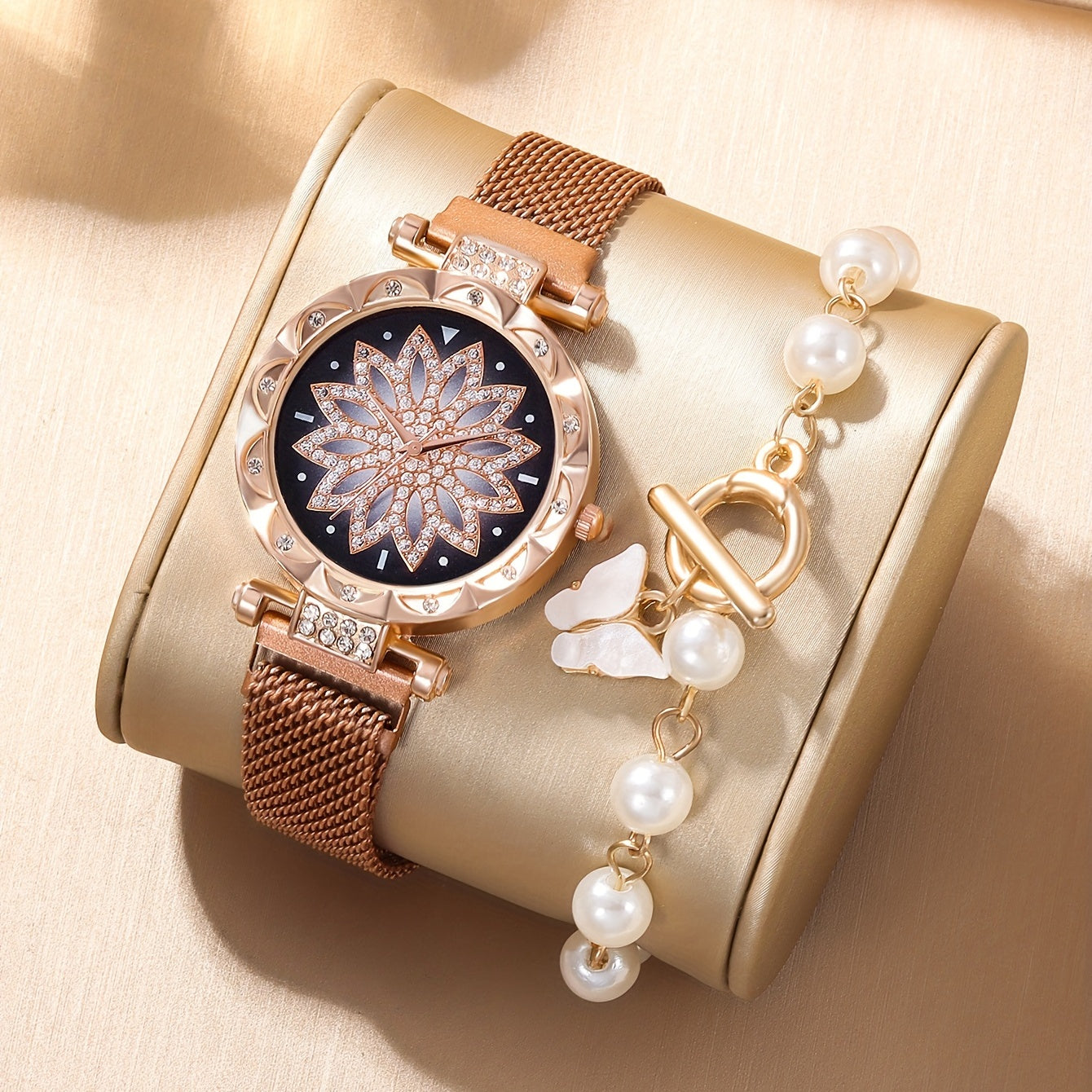 Rhinestone Quartz Watch & Bead Butterfly Jewelry Set