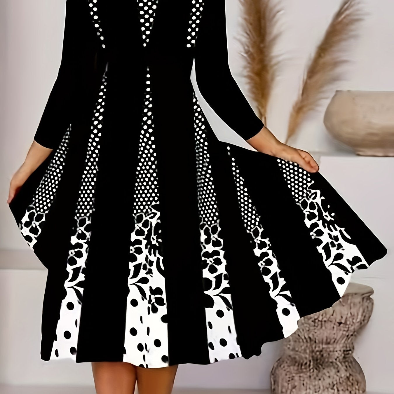 Colorblock Floral & Dot Print Long Sleeve Dress