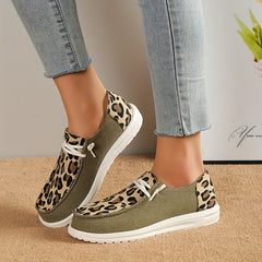 Leopard Printed Canvas Lace Up Loafers Low Top Sneakers