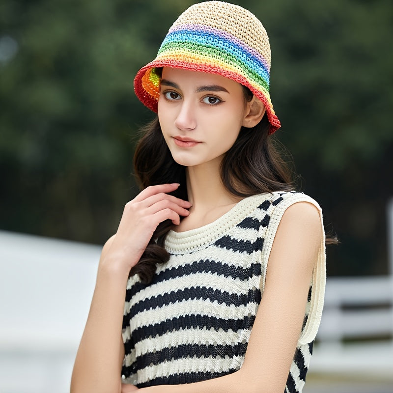 Rainbow Gradient Khaki Bucket Hat Short Brim Straw Fisherman Cap