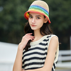 Rainbow Gradient Khaki Bucket Hat Short Brim Straw Fisherman Cap