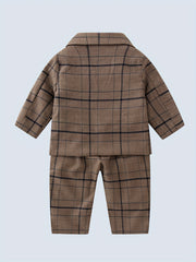 Baby Boys Gentleman 2pcs Suit Plaid Top With Bow Plaid Pants