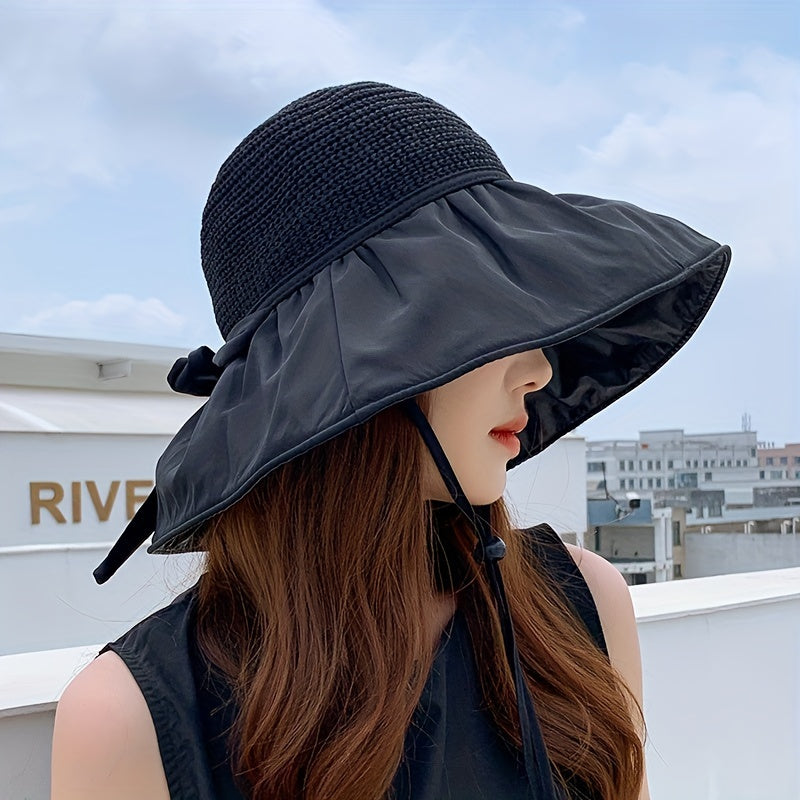 Wide Brim Bowknot Sun Hat Hollow Breathable UV Protection Bucket Hat