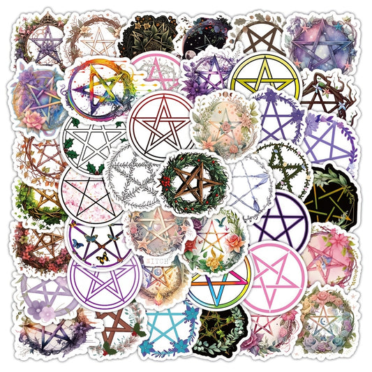52 Vinyl Pentagram Stickers: Mystical & Floral Designs - Reusable Self Adhesive