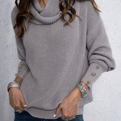 Casual Sweater Women's Plus Solid Button Decor Long Sleeve Turtleneck