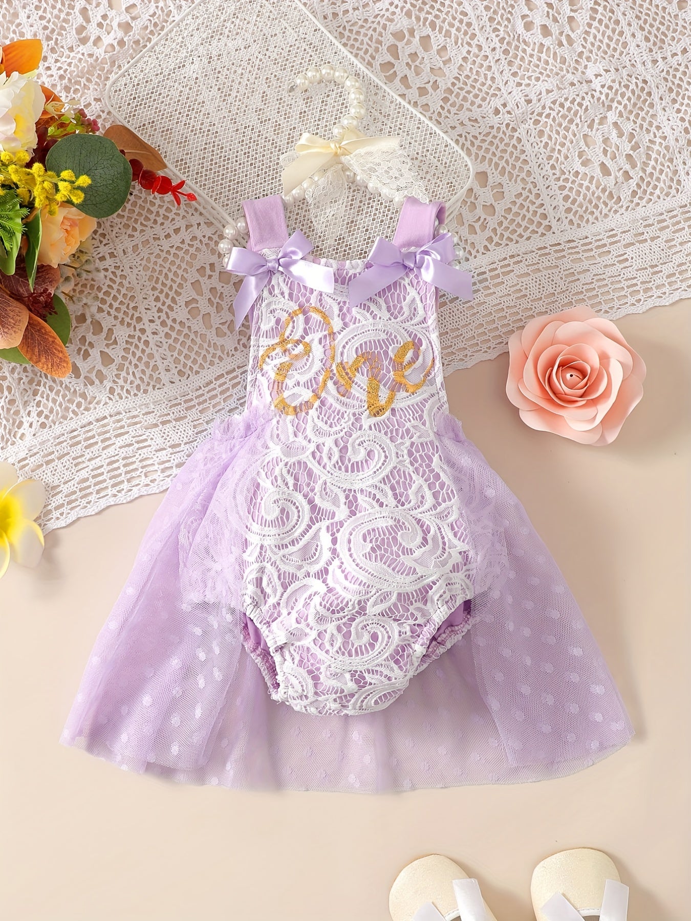 Baby Girls Lace Bowknot Mesh Onesie Dress Clothes