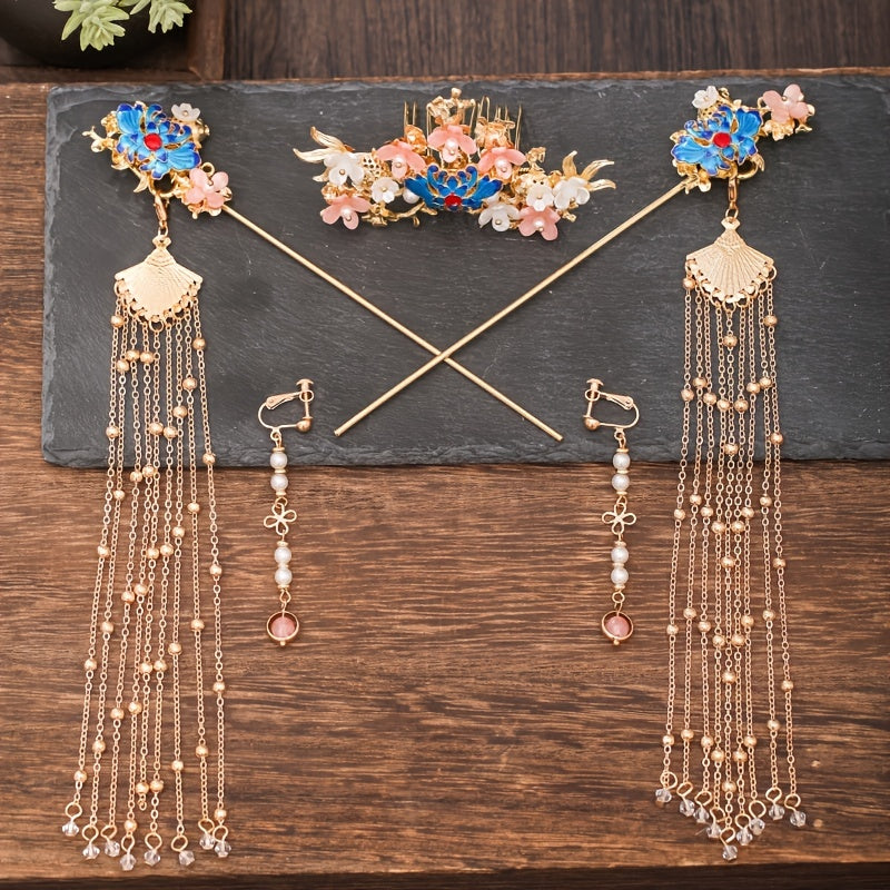 Chinese Style Pearl Flower Tassels Hairpin Headband For Women Girl