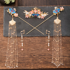 Chinese Style Pearl Flower Tassels Hairpin Headband For Women Girl