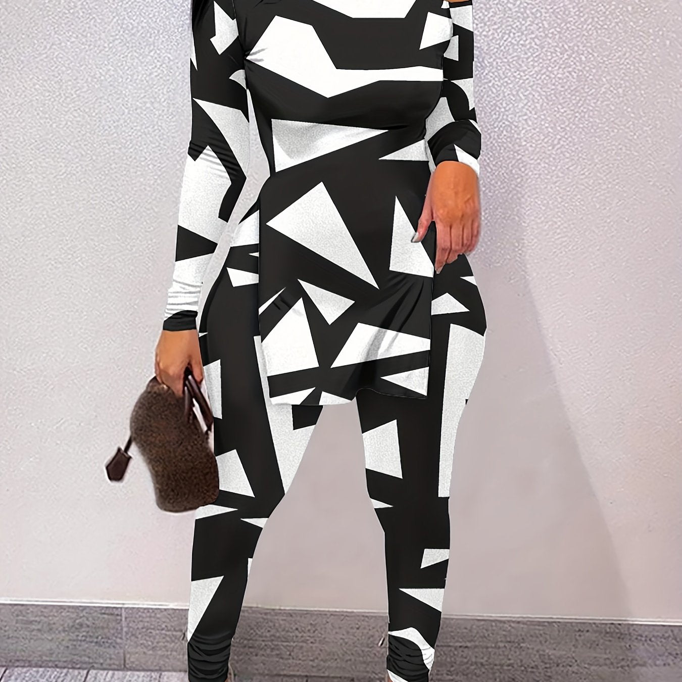 Graphic Print 2 Piece Set One Shoulder Side Split T shirt & Slim Pants