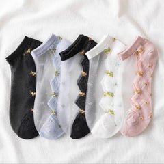 5 Pairs Pink Floral Low Cut Ankle Socks Women's Stockings Hosiery