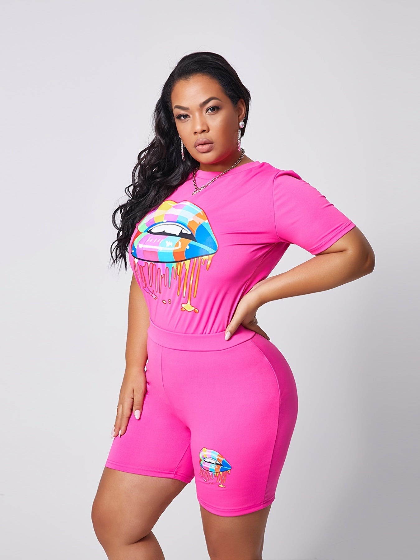 Lips Print Tee & Shorts Set Women's Activewear