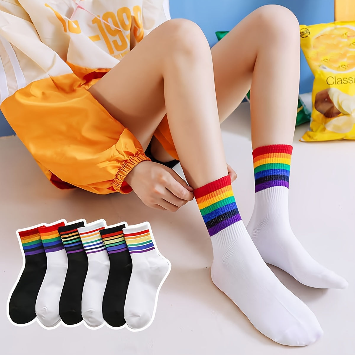 6 Pairs Rainbow Striped Socks - Women's Mid Tube Socks