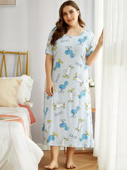 Duck Print Short Sleeve Round Neck Sleep Dress