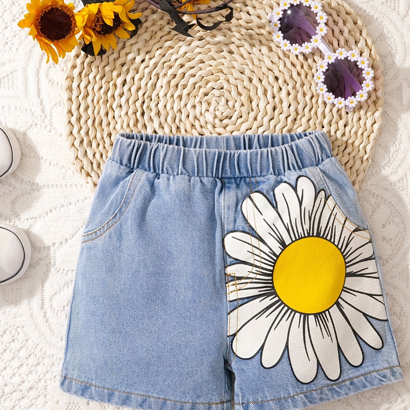 Baby's Sunflower Print Denim Shorts With Pockets