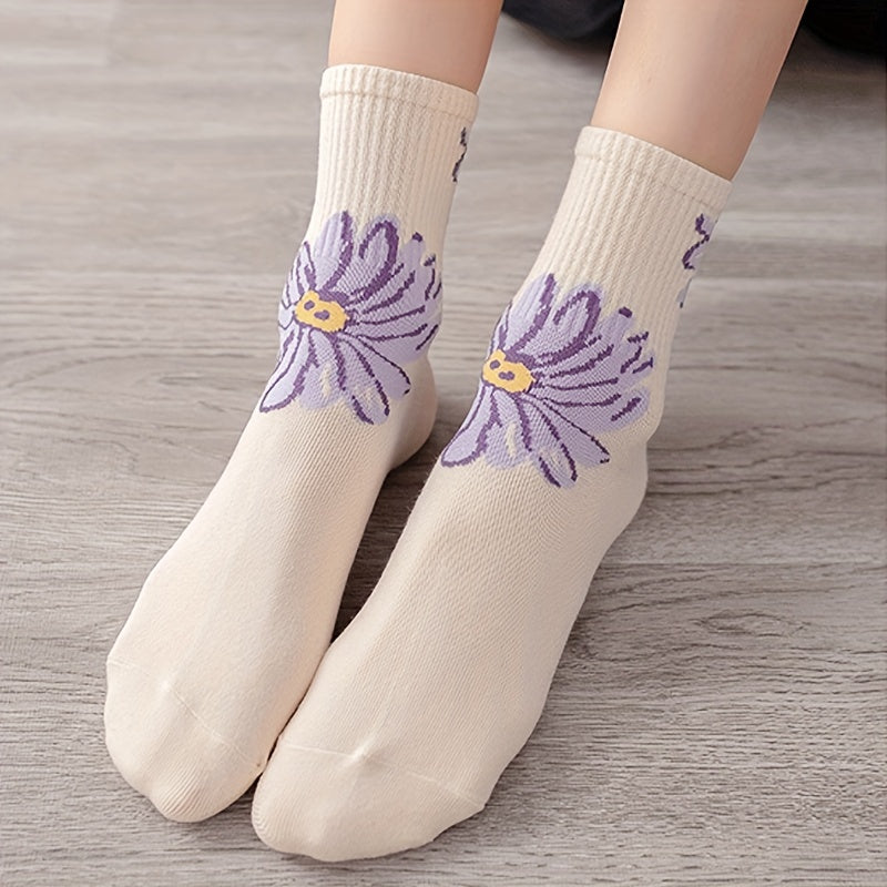 5 Floral Print Socks Comfy & Breathable Mid Tube Women's Stockings