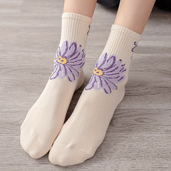 5 Floral Print Socks Comfy & Breathable Mid Tube Women's Stockings
