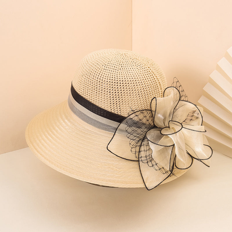 Women's Wide Brim Straw Derby Hat Floral Fascinator