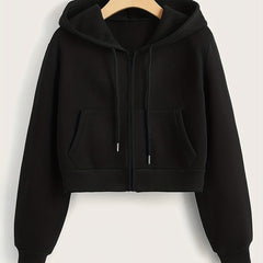 Hooded Sports Sweatshirt Zipper Up Long Sleeve Crop Hoodie