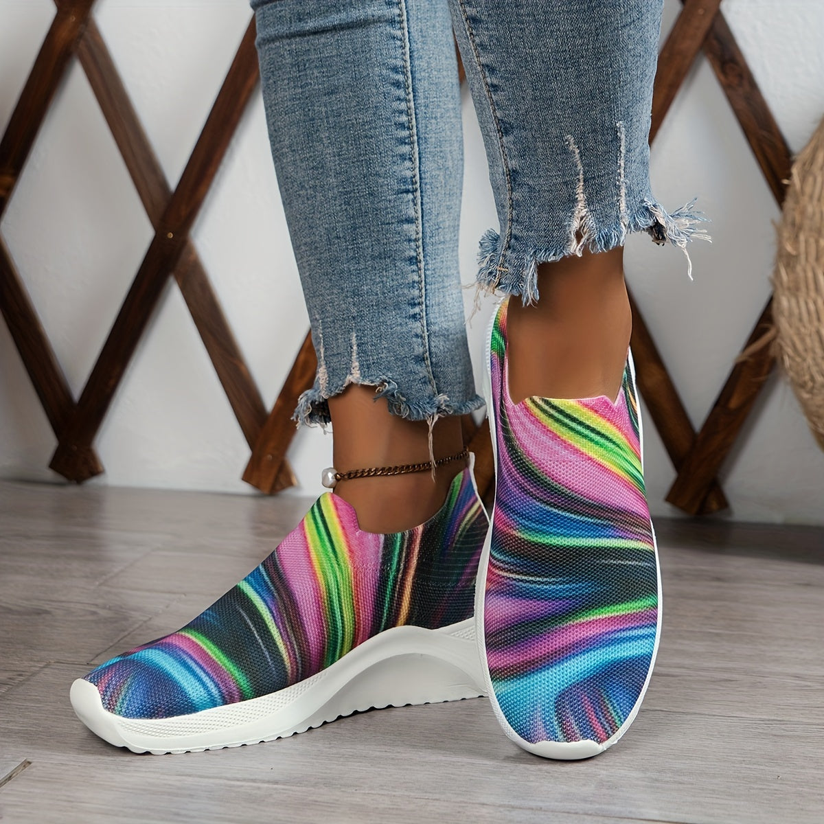 Women's Colorblock Woven Sneakers Lightweight Slip On Sock Shoes