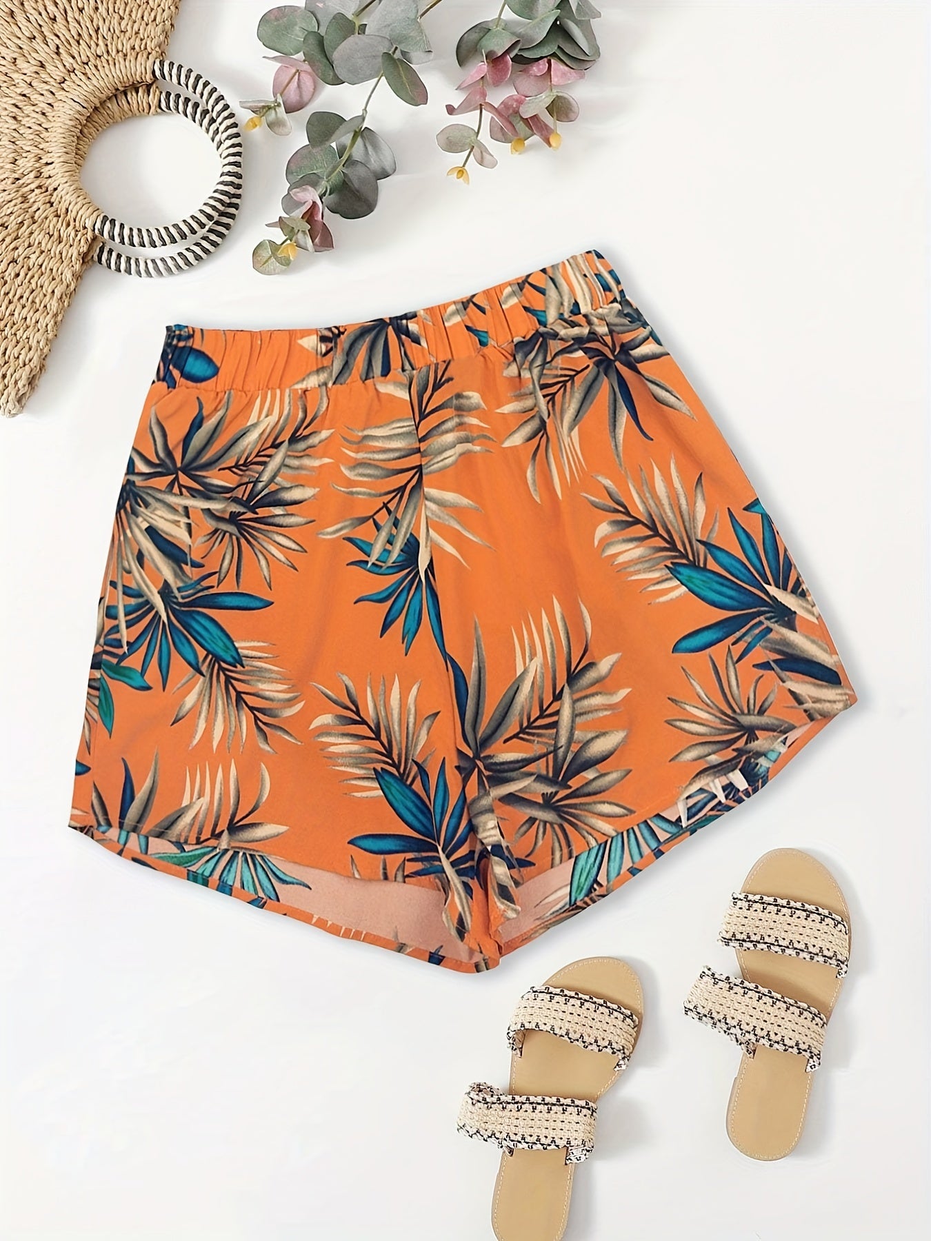 Boho Shorts Women's Plus Leaf Print High Rise Casual Shorts