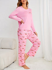 Rainbow Print Pajama Set Long Sleeve Crew Neck Top & Elastic Waistband Pants