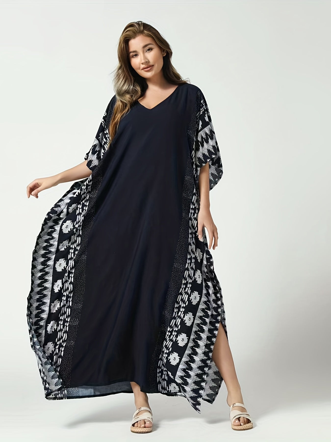 Boho Loose Fit Kaftan V Neck Geometric Print Cover Up Dress