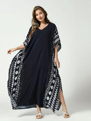 Boho Loose Fit Kaftan V Neck Geometric Print Cover Up Dress