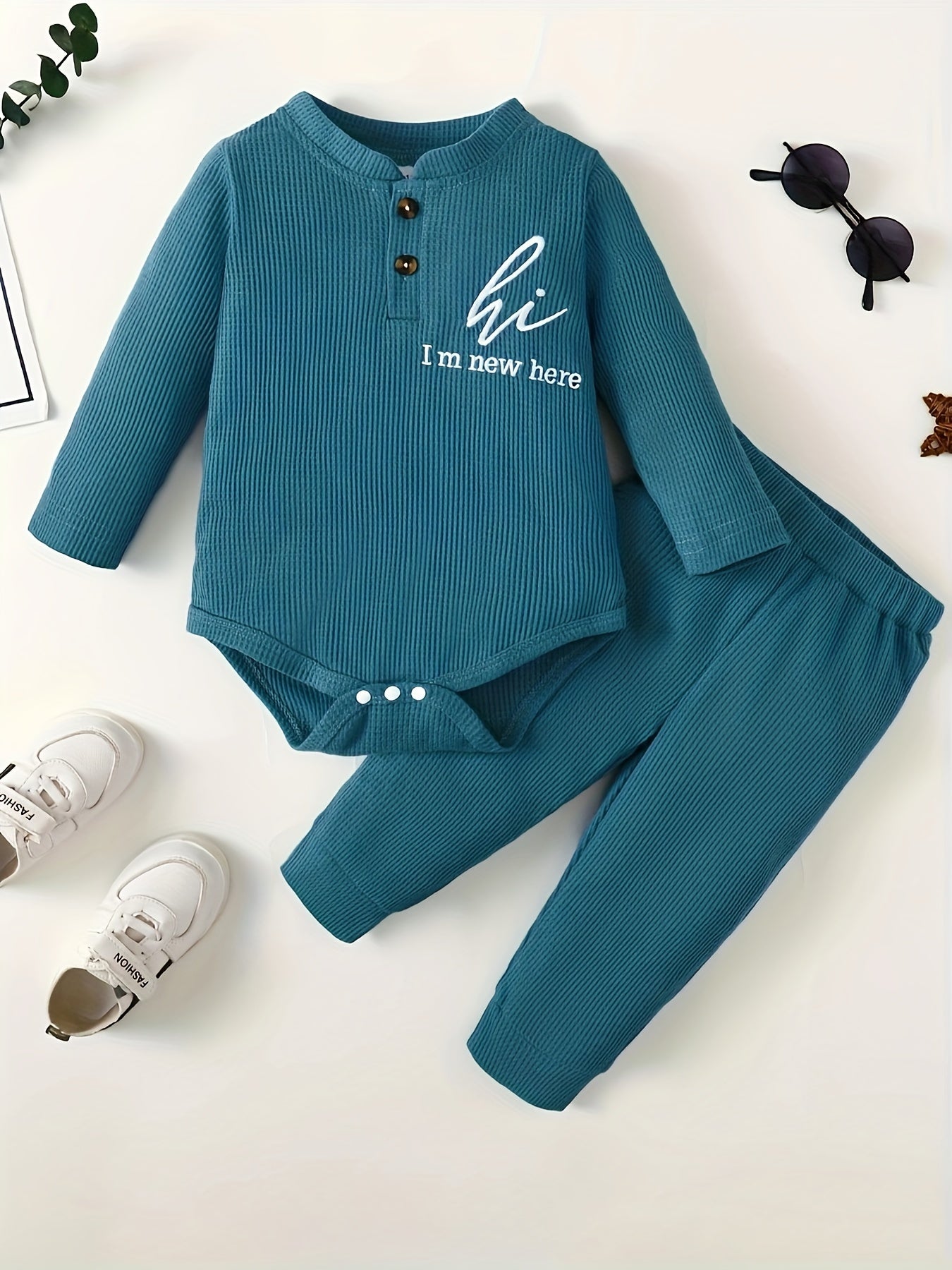 2pcs Baby Boy HI I'M HERE Long Sleeve Romper Top & Trousers Set