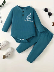 2pcs Baby Boy HI I'M HERE Long Sleeve Romper Top & Trousers Set