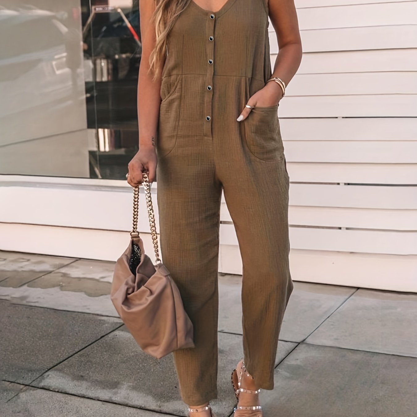 Buttons Front Jumpsuit V Neck Sleeveless Women's Clothing