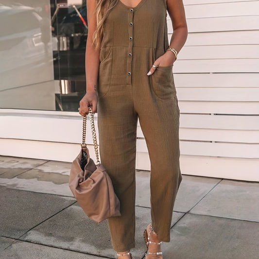 Buttons Front Jumpsuit V Neck Sleeveless Women's Clothing