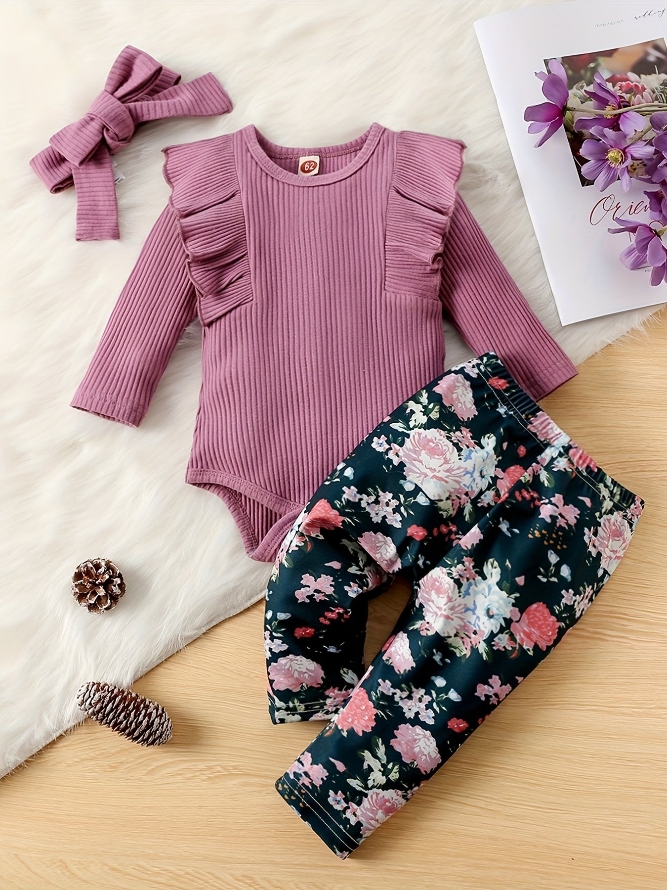 Baby Girls Ruffle Trim Bodysuit Floral Pants Set Outfit