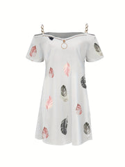 Feather Print Cold Shoulder Dress