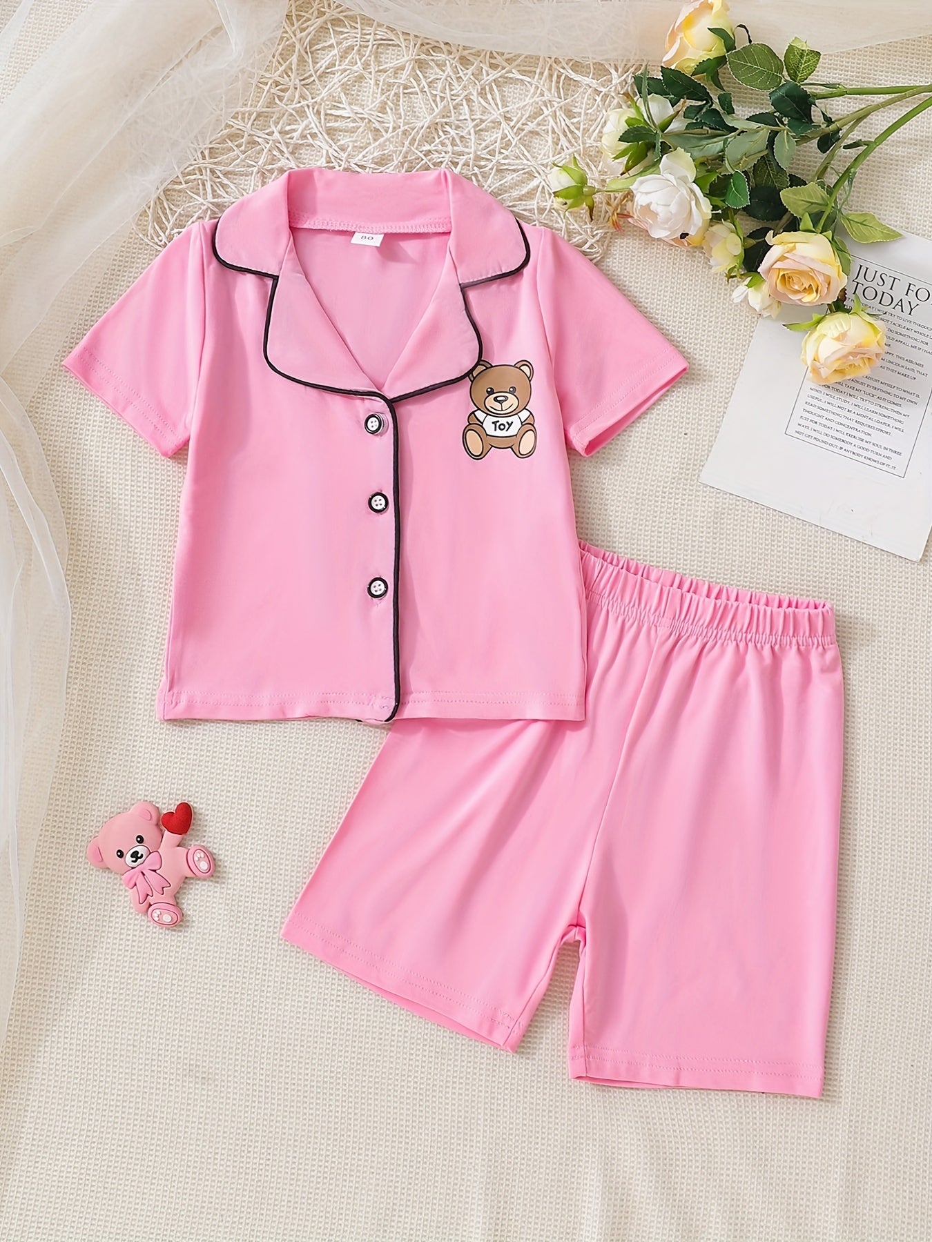 Boys' Pink Bear Print Pajama Set Short Sleeve Tops & Shorts
