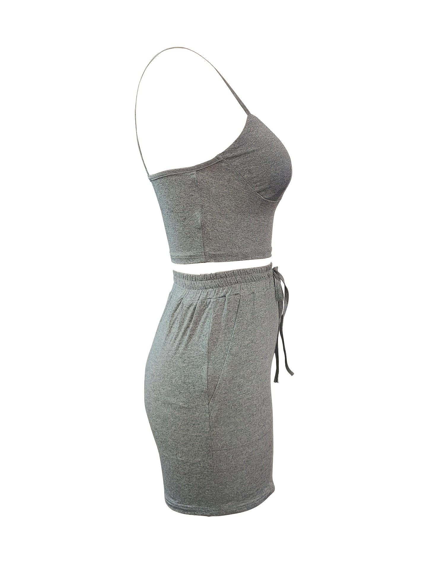 Crop Cami Top & Drawstring Waist Shorts 2pcs Set Women's Outfit