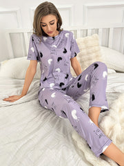 Heart Print Pajama Set Short Sleeve Crew Neck Top & Elastic Waistband Pants