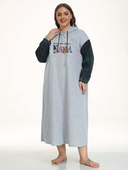 Slogan Print Plaid Raglan Sleeve Hooded Sleep Dress