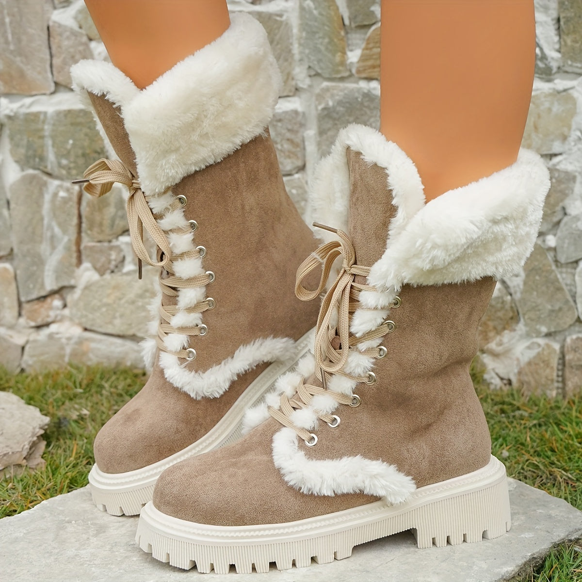 Women's Brown Chunky Heel Boots Lace-Up Plush Outdoor Boots