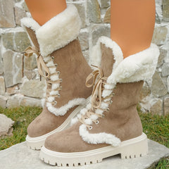 Women's Brown Chunky Heel Boots Lace-Up Plush Outdoor Boots