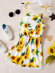 Girls Sunflower Graphic Cami Rompers Jumpsuits For Beach Vacation